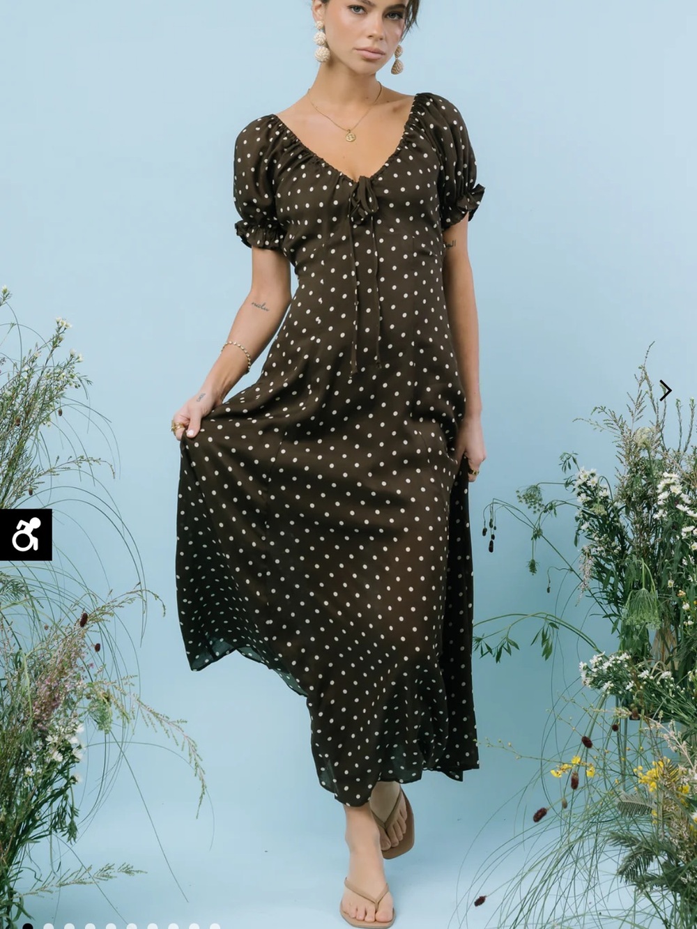 By Together Brown Polka Dot Puff-Sleeve Maxi Dress